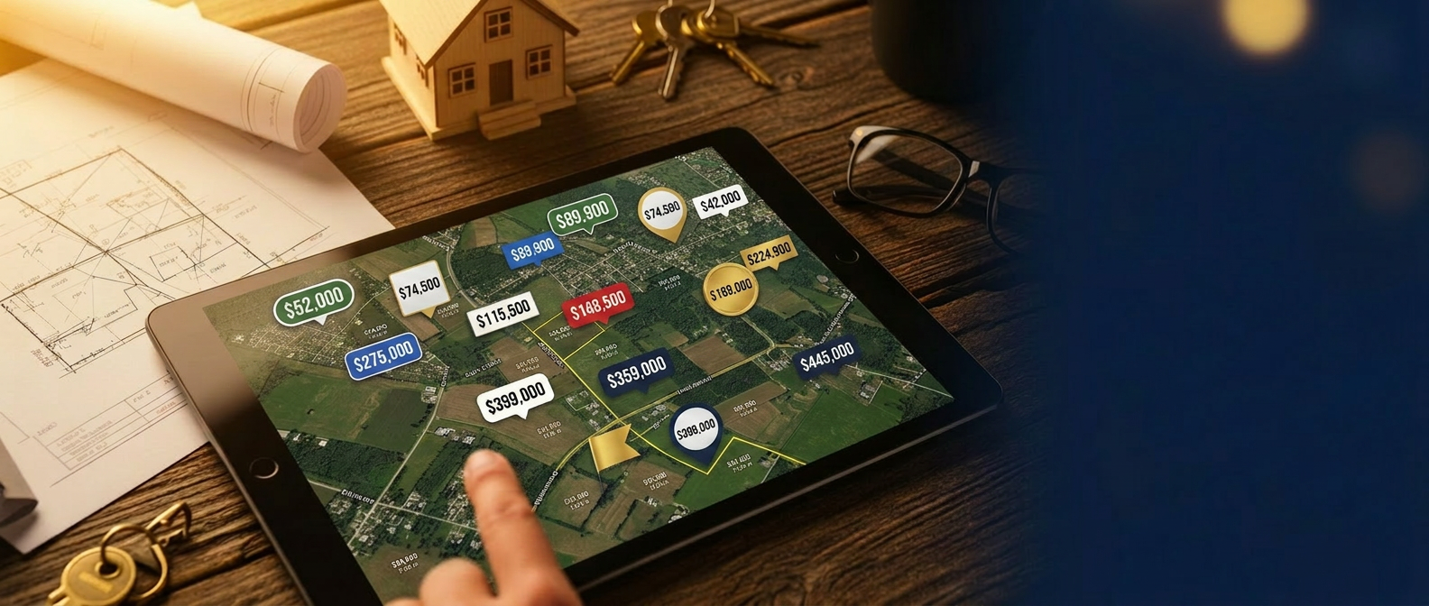 Tablet showing aerial map with wholesale land parcels and price markers